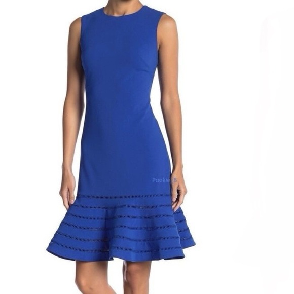 Calvin Klein Royal Blue Flounce Hem Crepe Sleeveless Midi Dress Size 14 - Picture 1 of 12